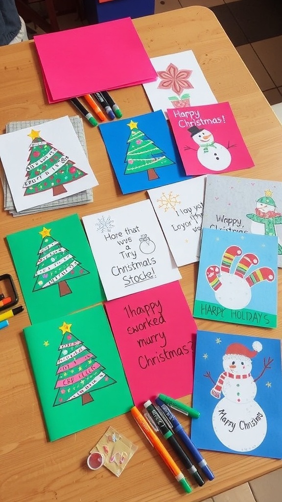 A collection of creative Christmas cards made by children, showcasing various festive designs.